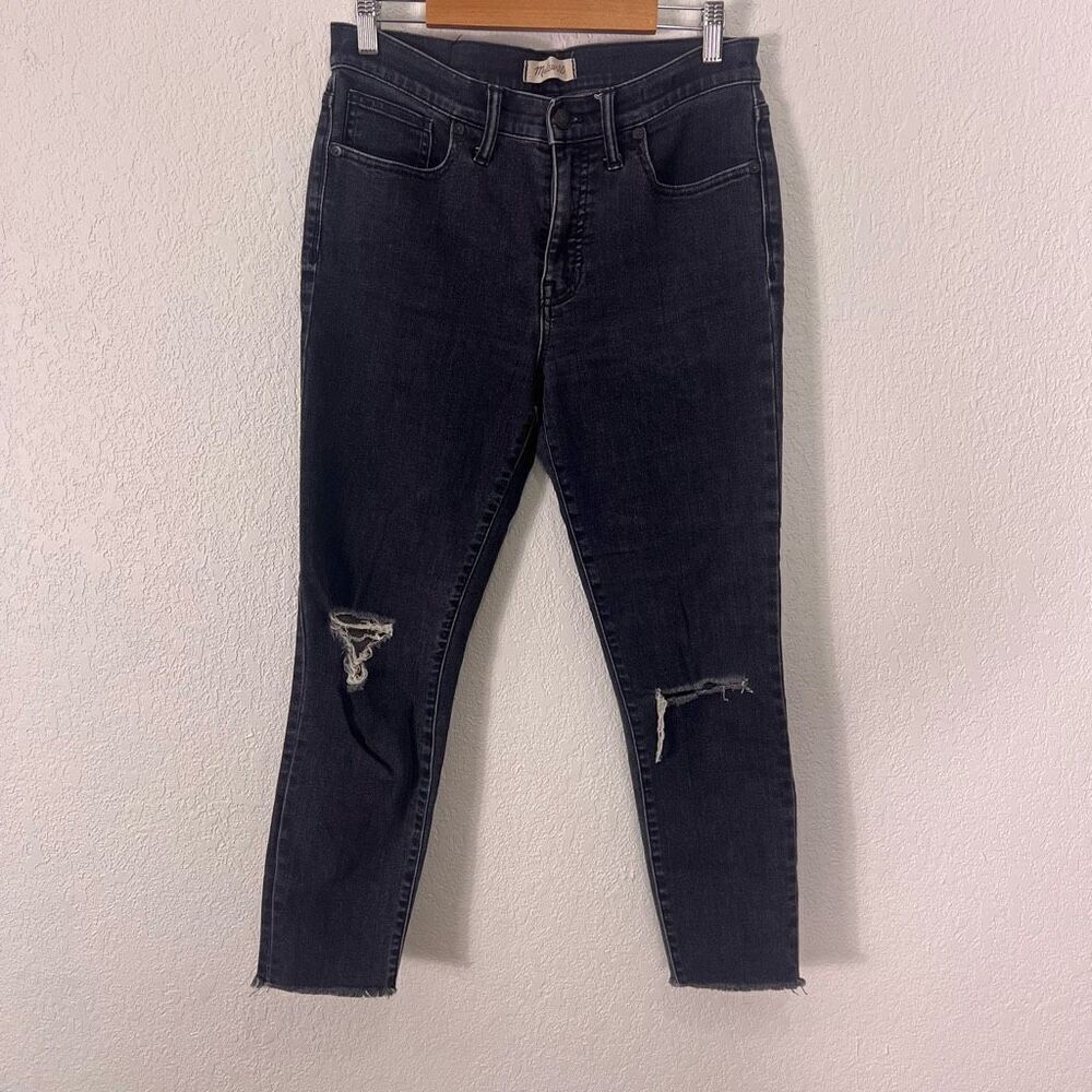 Madewell Faded Black Distressed Knee 9' High Rise Skinny Jeans size 29